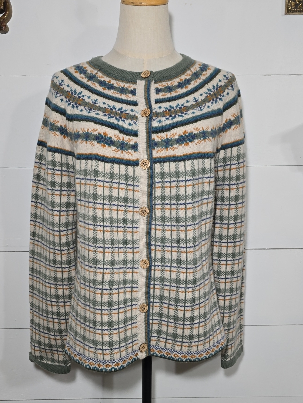 Appleseed's Limited Edition Vintage Fair Isle Yoke Plaid Cardigan Sweater PM